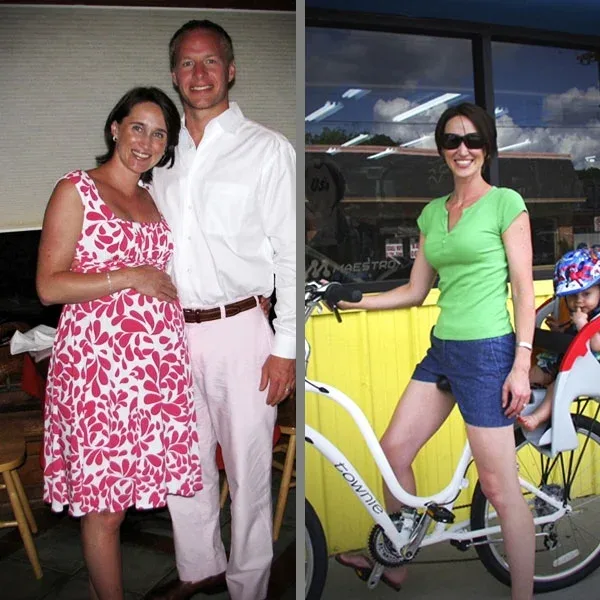 Meagen before and after training with Craig: at a family event late in her pregnancy on the left, and out on a bicycle with her child’s seat behind her on the right